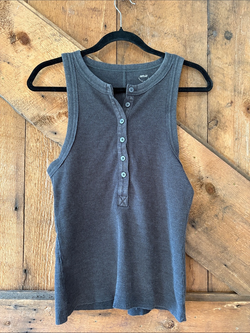 aerie Ribbed Henley Tank Top - Charcoal Gray